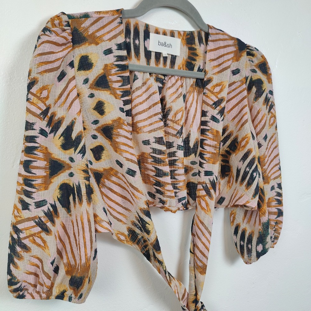 ba&sh Cally Cropped Wrap Top Womens 1 Pink Abstract Ikat Wrap Front Tie Boho - Picture 3 of 9